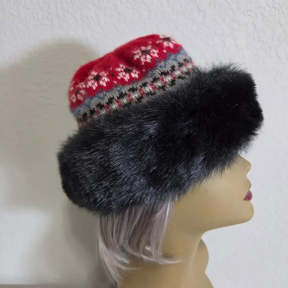 Fair Isle Knit Hat with Black Faux Fur Trim Womens One Size Winter Nordic